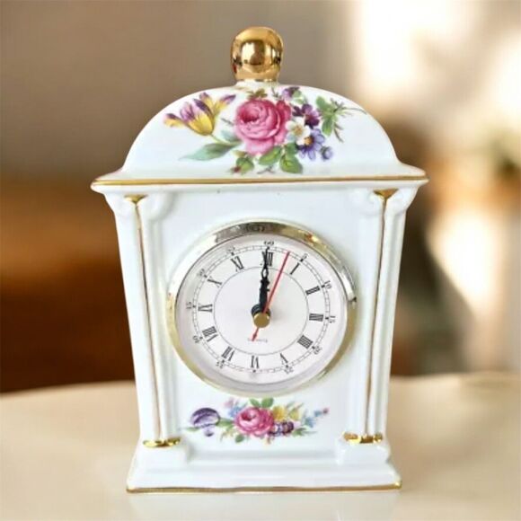 Centurion Hand-Painted Victorian Pillar Style Mantel Clock – Gold Trim Porcelain - Picture 1 of 8
